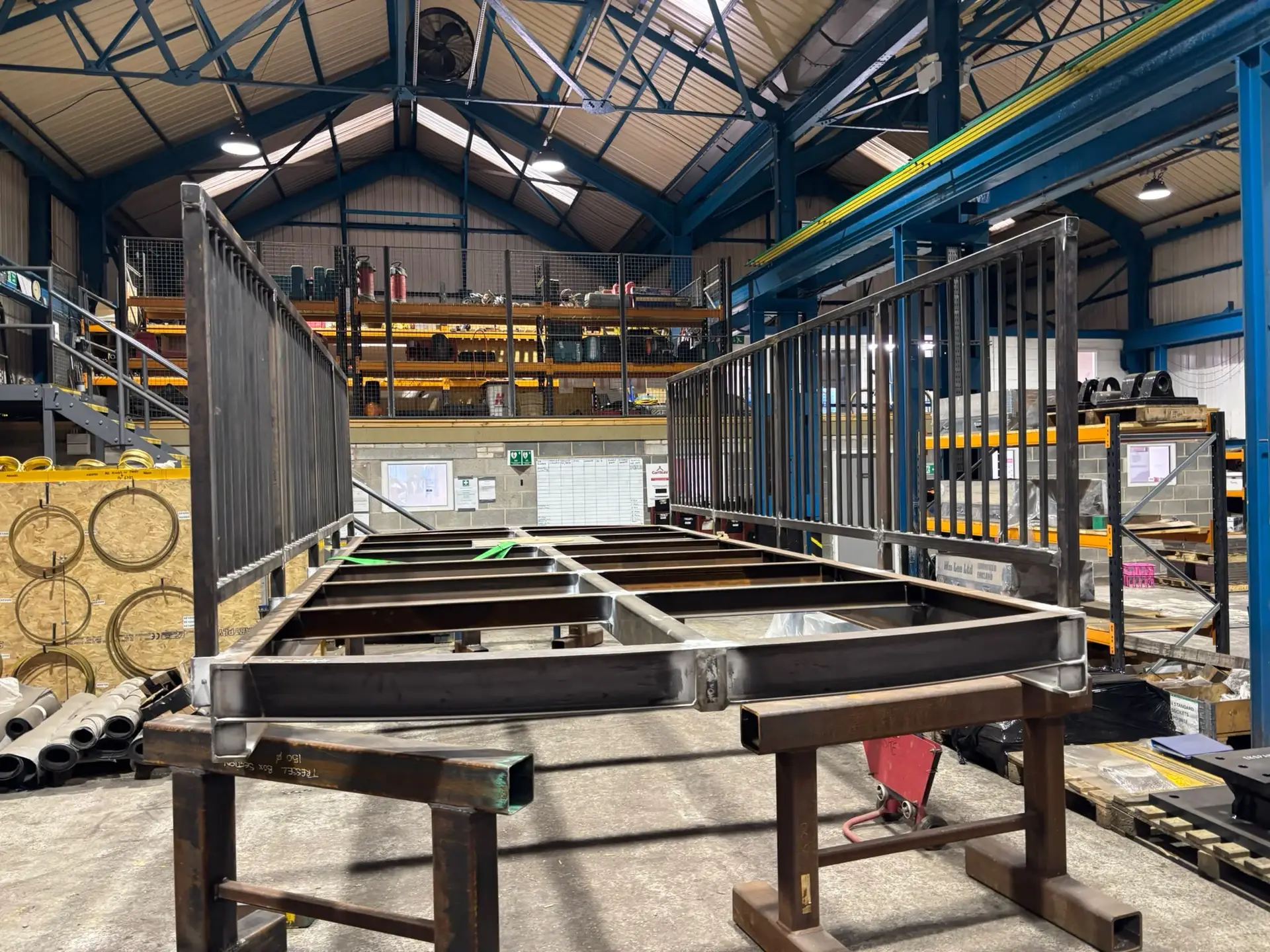 View through the bridge parapets showing the fabricated steel frame and cross-members in EKSPAN’s Sheffield workshop.